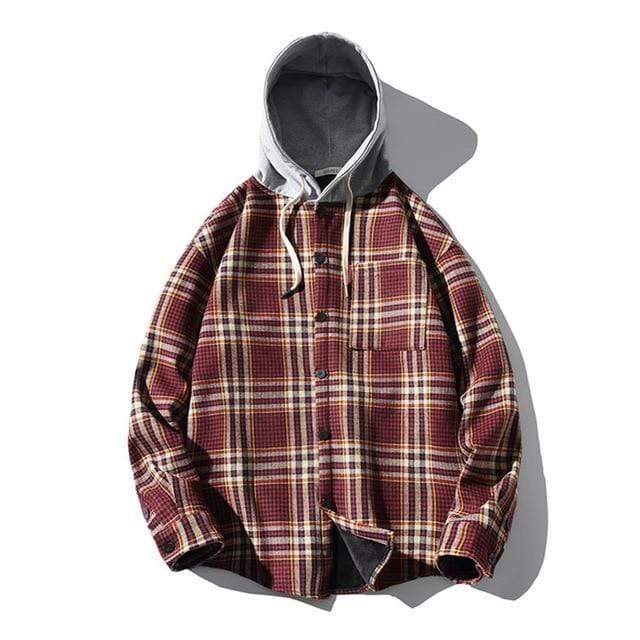 Little Bourke Street Store HOODIES & SWEATSHIRTS red / XS Plaid Long Sleeves Hooded Button Up